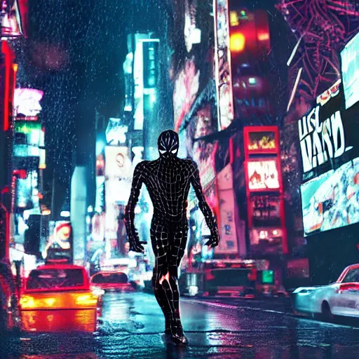 Prompt: Symbiote-Suit wearing Spider-Man looking determined and web-swinging through Cyberpunk New York City at night in the rain lit up by neon signs, hyperrealistic, 4k