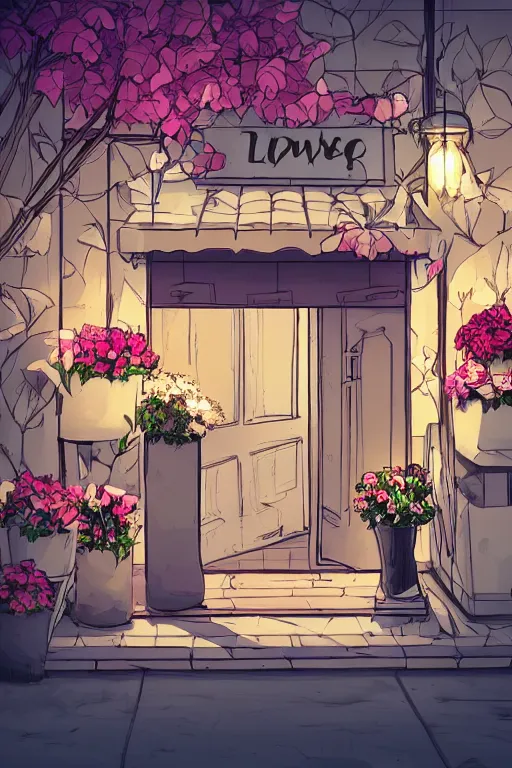 Prompt: a little flower shop's front gate, fresh, digital illustration, dramatic lighting, pixiv