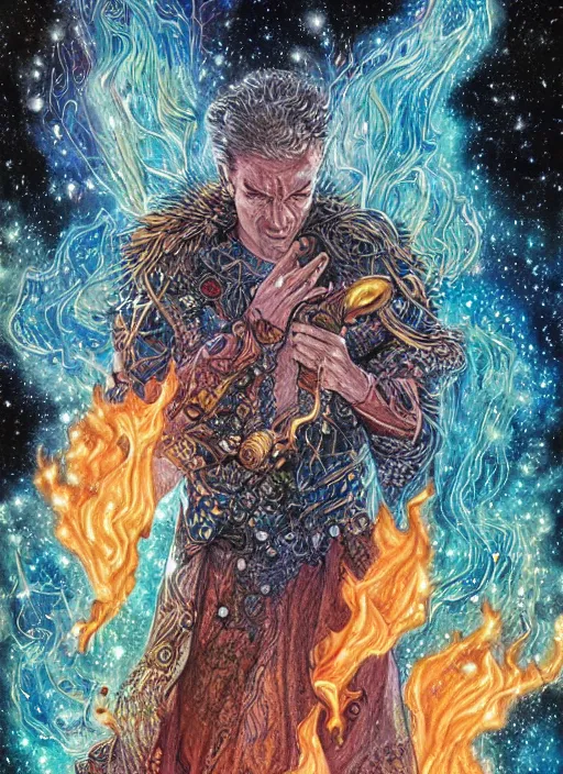 Image similar to high intricate colored ink drawing of the sandman holding a glimmering fire - galaxy, full shot, neil gaiman, maria panfilova, andrea savchenko, mike kime, ludovic plouffe, qi sheng luo, oliver cook, julian calle, eddie mendoza, trending on artstation