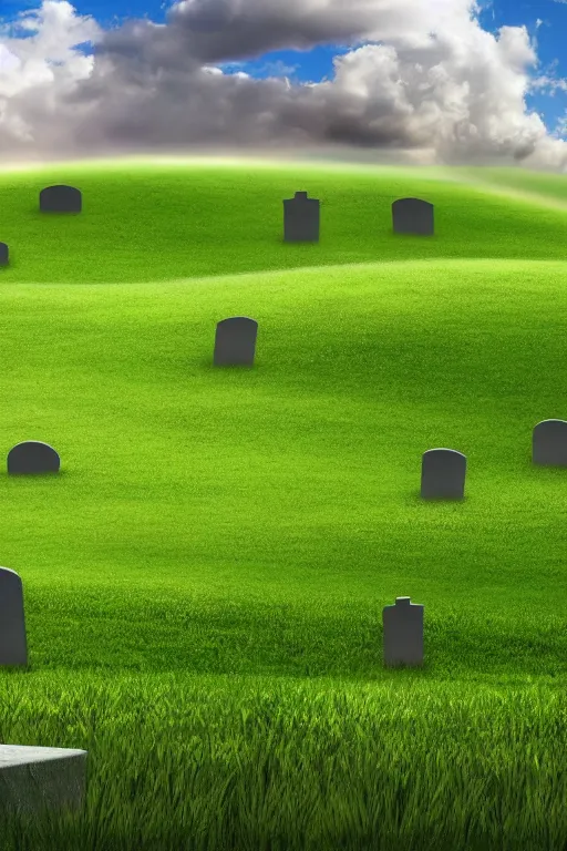 Image similar to realistic detailed, 4 k windows xp bliss hills screensaver with a graveyard, with many gravestones