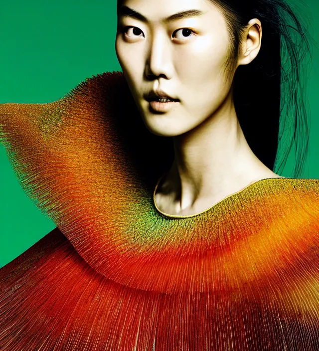 Image similar to photography facial portrait of liu wen, natural background, natural pose, wearing stunning cape by iris van herpen, with a colorfull makeup. highly detailed, skin grain detail, photography by paolo roversi, nick knight, helmut newton, avedon, araki