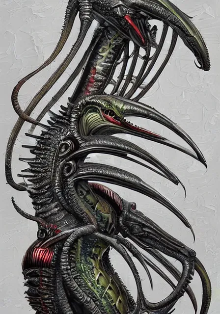 Prompt: a hummingbird - xenomorph, designed by h. r. giger, sci fi, intricate, extremely hyperdetailed, sharp focus, masterpiece, trending on artstation