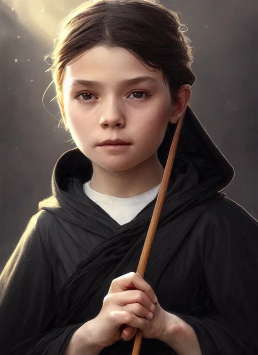 Prompt: perfectly - centered - portrait of a kid wearing black cloak holding stick, intricate, highly detailed, digital painting, artstation, concept art, smooth, sharp focus, illustration, unreal engine 5, 8 k, art by artgerm and greg rutkowski and alphonse mucha and sam spratt