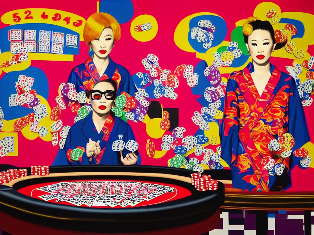 Image similar to hyper - realistic composition of a room in a casino with an extremely detailed poker table, croupier in traditional japanese kimono standing nearby fireworks in the background, pop art style, jackie tsai style, andy warhol style, acrylic on canvas