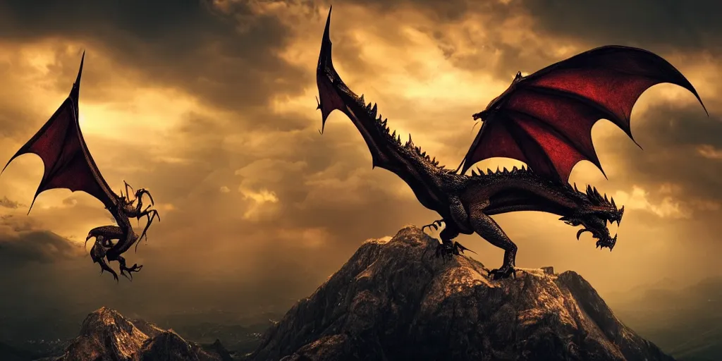 Image similar to A single simple dragon with half open wings breathing fire and standing on the top of a mountain, epic composition, epic lighting, detailed and intricate image, cinematic, 4K