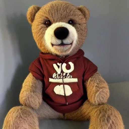 Prompt: real life teddy bear wearing a hoodie, hyperrealistic, detailed, ultra realistic