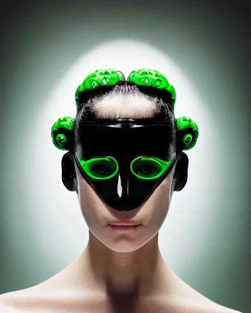 Image similar to symmetrical portrait of a woman wearing a green embroidered translucent silicone mask and white frizzy hair buns, wearing a black bodysuit by alexander mcqueen, cream white background, soft diffused light, biotechnology, humanoide robot, futuristic aesthetic, translucent, ethereal, intricate details, highly detailed, masterpiece,