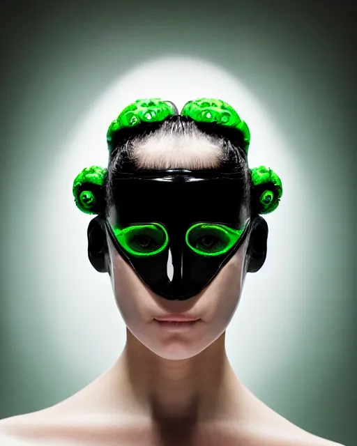 Prompt: symmetrical portrait of a woman wearing a green embroidered translucent silicone mask and white frizzy hair buns, wearing a black bodysuit by alexander mcqueen, cream white background, soft diffused light, biotechnology, humanoide robot, futuristic aesthetic, translucent, ethereal, intricate details, highly detailed, masterpiece,