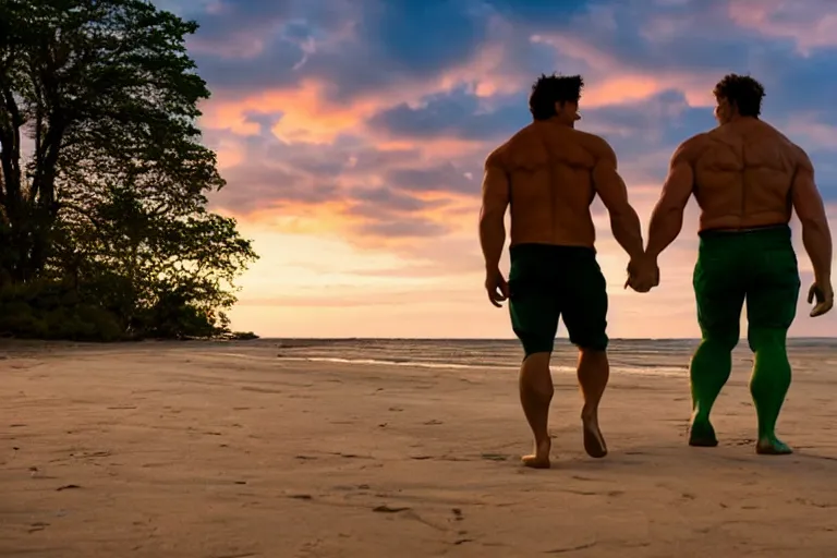 Prompt: the hulk and shrek walking hand in hand along a deserted beach. romantic setting, golden hour, sunset, dramatic skies, motivational poster