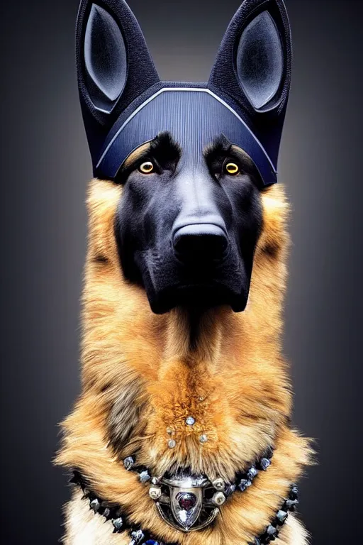 Image similar to donald trump knight wearing a real german shepherd on his head, armor designed by wayne barlowe, swarovski and tiffany, blonde hair, symmetry, sci - fi, cinematic, elegant, luxury, perfect light, perfect composition, dlsr photography, sharp focus, dark fantasy, 8 k, ultra hd, sense of awe, highly detailed, realistic, intricate