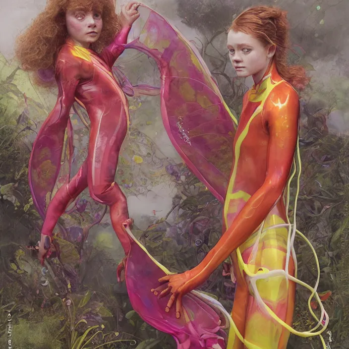 Prompt: a fashion editorial of sadie sink as a brightly colored sphinx amphibian hybrid with wet translucent skin. wearing an growing organic tactical wetsuit. by tom bagshaw, donato giancola, hans holbein, walton ford, gaston bussiere, brian froud, peter mohrbacher and magali villeneuve. 8 k, cgsociety