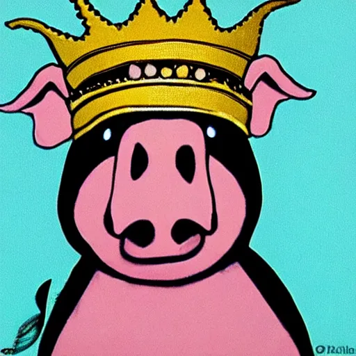 Image similar to a pig wearing a gold crown in the style of Friz Freleng