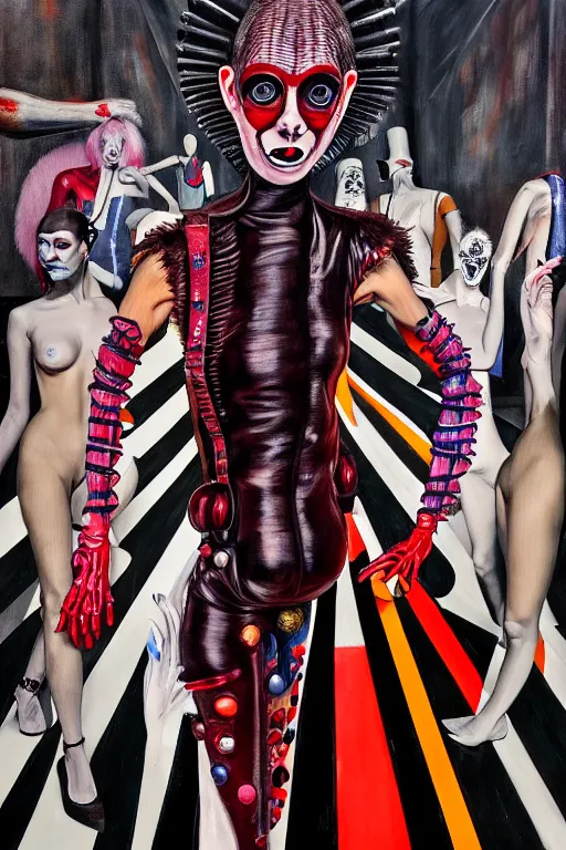 Image similar to crazy fashion catwalk, latex, constructivism, freak show, one model, crazy clothes, biopunk style, horror, hauntingly surreal, highly detailed painting by francis bacon, edward hopper, adrian ghenie, gerhard richter, and james jean 4 k