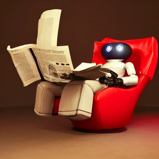 Image similar to Against a white cyc (white cyclorama backdrop) futuristic studious matte brown and red and chrome full-body humanoid robot with two huge round expressive sad purple glowing LED eyes and open rectangular mouth sitting on a large comfortable cushioned 1950s vintage recliner reading a newspaper. open newspaper. full shot Cinematic Movie Photograph, Arri Alexa, Extremely Detailed, smooth, very very clean, white cyc, white background, 8K, octane render, maya render, unreal engine, trending on artstation, DSLR, excellent composition, center frame