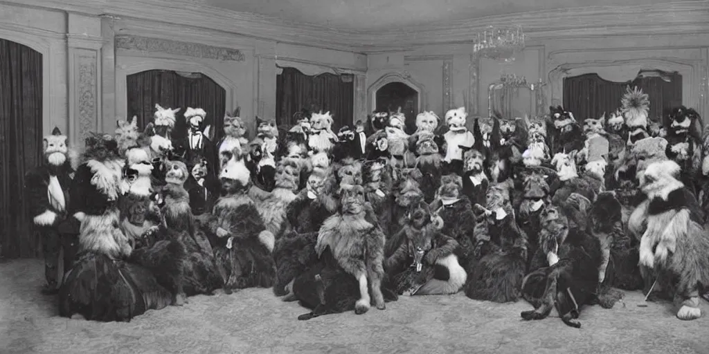 Image similar to a furry convention taking place in a luxury hotel, 1 9 0 0 s photograph