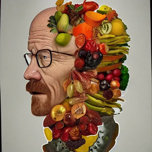 Image similar to walter white in the style of giuseppe arcimboldo, fruits