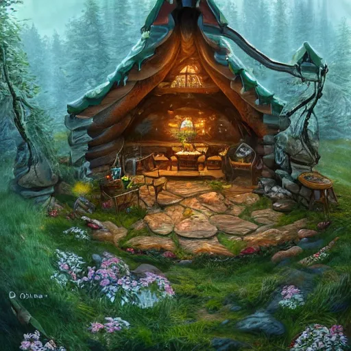 Prompt: a beautiful outdoor painting of a elf log house, an inner glowing elf log house with circular elements designed, the surrounding environment is a beautiful forest with flowers and birds, trending on artstation, by oliver wetter and richard wright, 8 k resolution, unreal engine, rendered in maya, detailed, wide - angle lens, two - point perspective, sunny summer, light