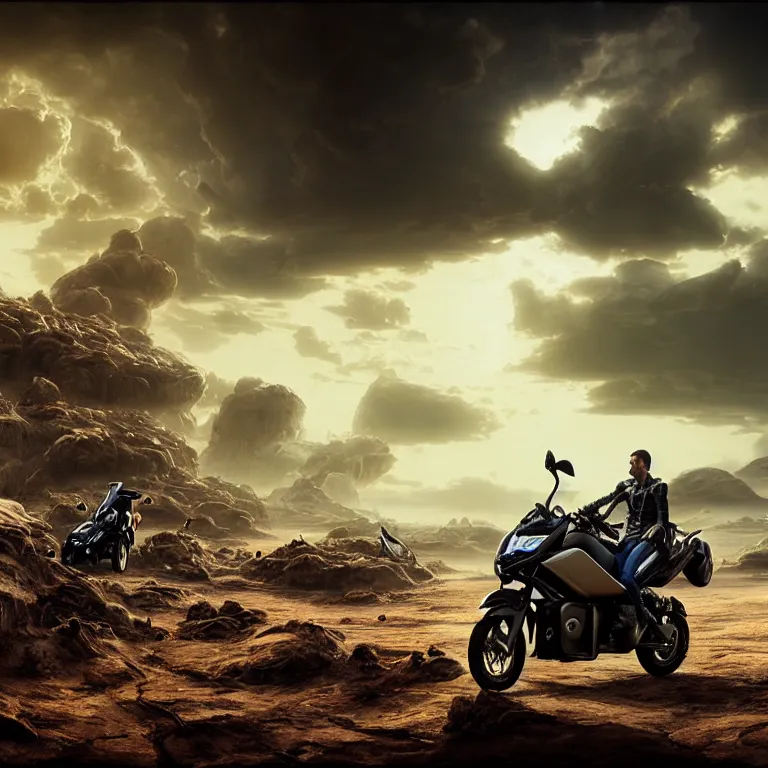 Image similar to landscape ad for yamaha aerox 2 0 0 4 motorbike in dirty wastelands on exoplanet, baroque painting, dramatic sky, beautiful intricate insanely detailed octane render, artstation, 8 k artistic photography, photorealistic, volumetric perfect light, chiaroscuro, raphael, caravaggio, beksinski, rutkowski, giger