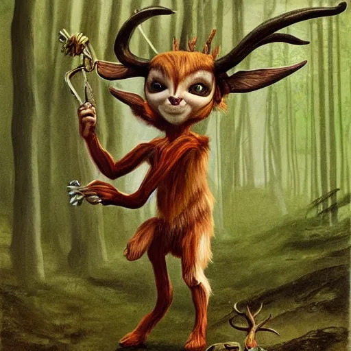 Image similar to faun animal with horns playing a flute in the forest, style of Guillermo Del Toro