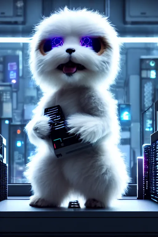 Prompt: high quality 3 d render very cute fluffy cyborg!! dog! plays synthesizer, cyberpunk highly detailed, unreal engine cinematic smooth, in the style of blade runner & detective pikachu, hannah yata charlie immer, moody light, low angle, uhd 8 k, sharp focus