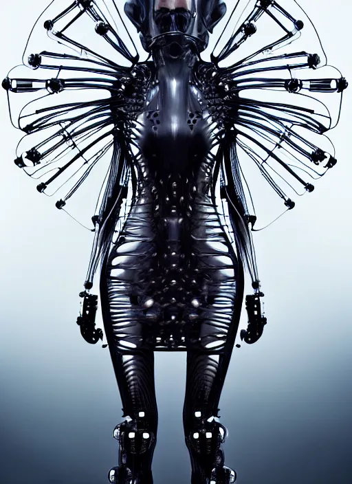 Image similar to desert, catwalk, iris van herpen gothic inflateble dark dress, perfect symmetrical body, helmet on face, full body shot, inflateble shapes, wires, tubes, veins, jellyfish, white biomechanical details, wearing epic bionic cyborg implants, masterpiece, intricate, biopunk, vogue, highly detailed, artstation, concept art, cyberpunk, octane render