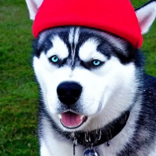 Image similar to A photo of a Husky dog wearing a hat