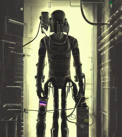 Image similar to realistic cyberpunk japanese engineer with long limbs and a black spacesuit welding a wall, techwear, dead space, visible face, Industrial Scifi, detailed illustration, character portrait, by Martin Grip and Moebius