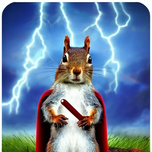 Image similar to the squirrel thor ~ holding his hammer ~ dramatic thunder background ~ trending ~