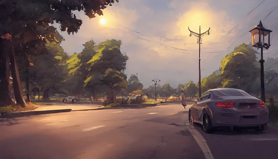 Image similar to a car on a countryside street. Street lamps, trees. By Makoto Shinkai, Stanley Artgerm Lau, WLOP, Rossdraws, James Jean, Andrei Riabovitchev, Marc Simonetti, krenz cushart, Sakimichan, trending on ArtStation, digital art.