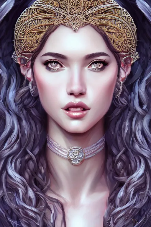 Image similar to portrait of the Goddess of Wisdom, elegant, intricate, full frontal shot, highly detailed, digital painting, artstation, concept art, sharp focus, illustration, art by artgerm