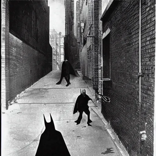 Image similar to old black and white photo, 1 9 2 5, depicting batman fighting a bad guy in an alley of new york city, tommy gun, rule of thirds, historical record