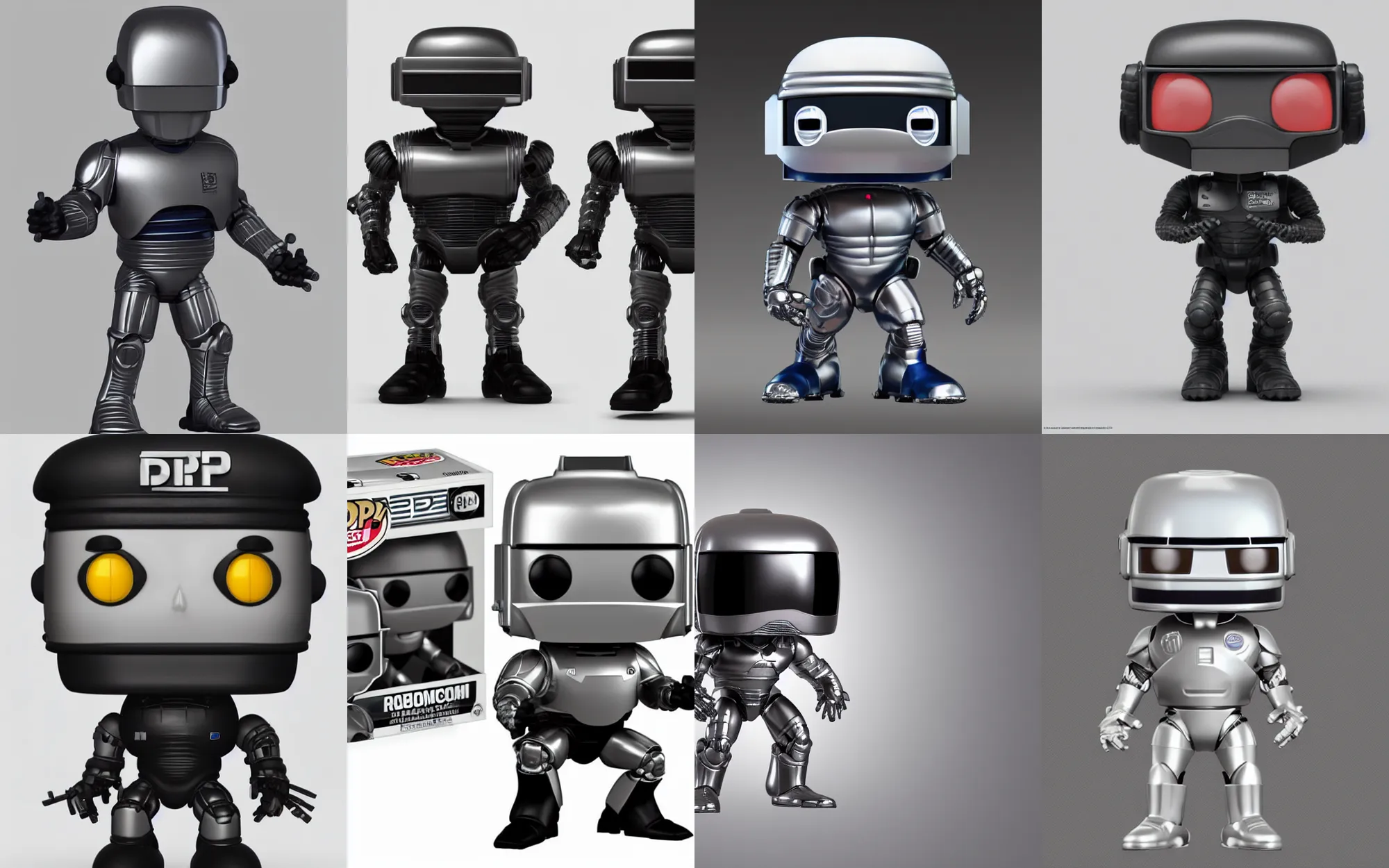 Prompt: full body 3d render of robocop as a funko pop, studio lighting, white background, blender, trending on artstation, 8k, highly detailed