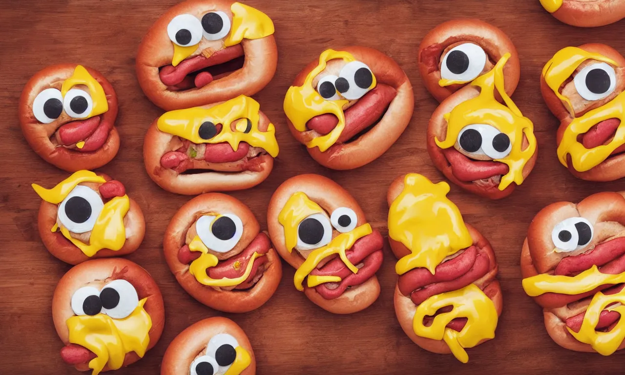 Image similar to happy smiling hotdogs with googly eyes having fun, dripping with ketchup and mustard and cheese, photorealistic