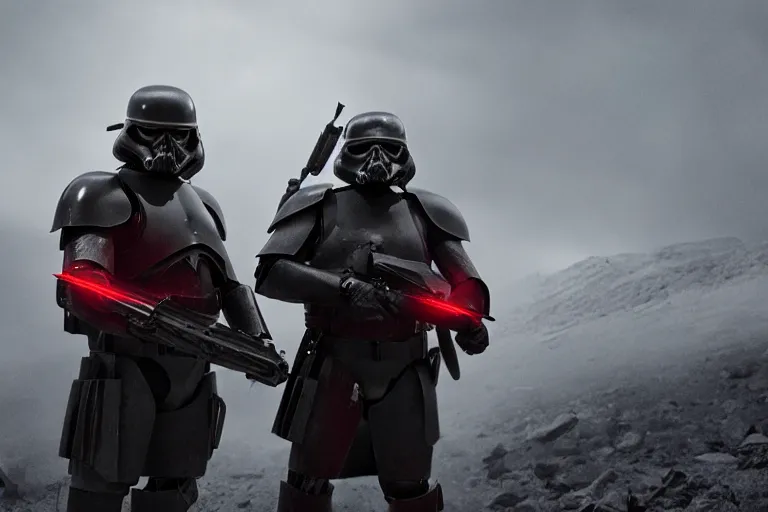 Prompt: reds eyes, all black armor, helghast soldier, kerberos panzer cop, sith trooper hybrid, in a still of illang the wolf brigade ( 2 0 1 8 ) film, vfx, post processed