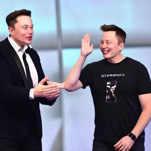 Image similar to Elon Musk high-fiving an Elon Musk clone, highly detailed, high quality, HD, 4k, 8k, Canon 300mm, professional photographer, 40mp, lifelike, top-rated, award winning, realistic, sharp, no blur, edited, corrected, trending