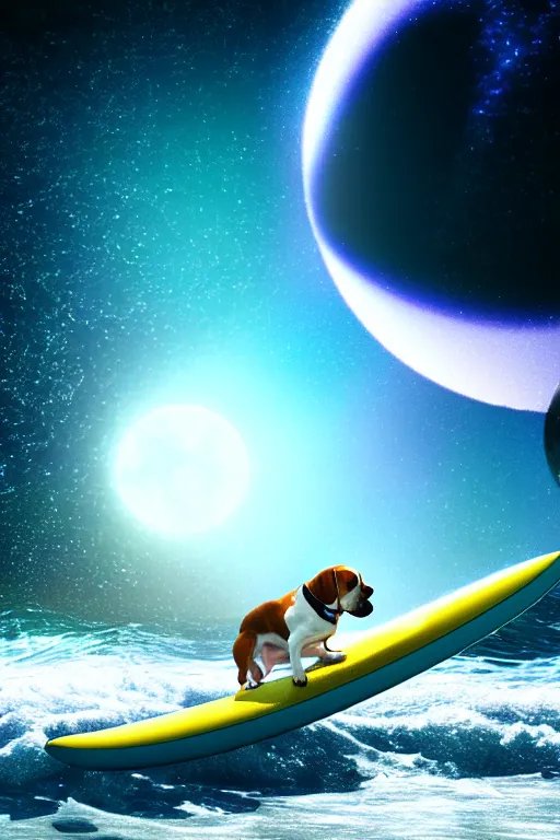 Image similar to beagle dog surfing a surfboard on a sparkly crashing wave of stardust in space, background is a moon in nebula, octane render, unreal engine, wide view, 8 k, highdetaild