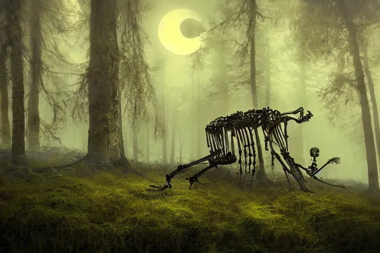 Prompt: a burning human skeleton sitting in foggy forest behind computer at moonlight night, overgrown with moss, light, dark atmosphere, dark fantasy, highly detailed