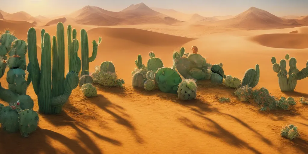 Prompt: Cactus in the Sahara desert, detailed oil painting, cinematic angle, hyperrealistic, breathtaking, volumetric lighting, cinematic lighting, dynamic, Studio Ghibli, digital art, octane render, epic composition, trending on artstation, masterpiece