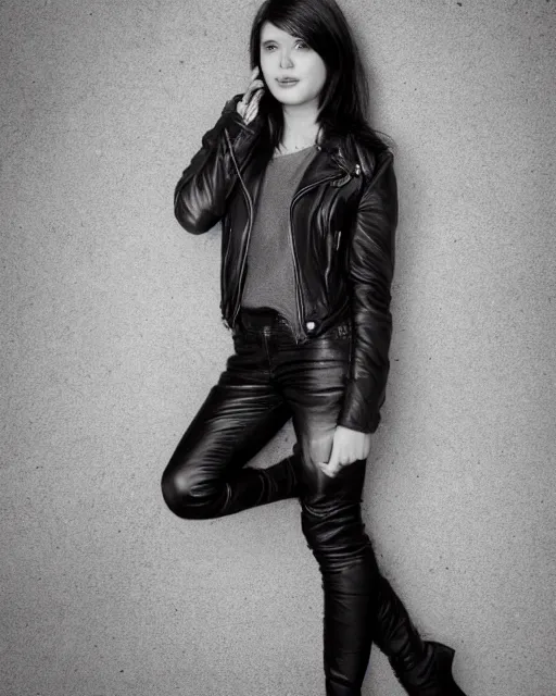 Image similar to young woman in her 20s, she wears a leather jacket and knee high boots, full body portrait, by artgem, taken by a nikon, very detailed face