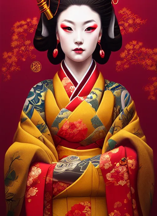 Image similar to dreamlike luxury stunning oiran portrait, red and gold kimono, art by artgerm, wlop, loish, ilya kuvshinov, 8 k realistic, hyperdetailed, beautiful lighting, detailed background, depth of field, symmetrical face, frostbite 3 engine, cryengine,