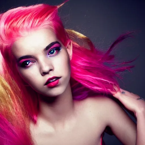 Image similar to a dramatic photo of a beautiful young woman with cotton candy hair. with a little bit of gold and red