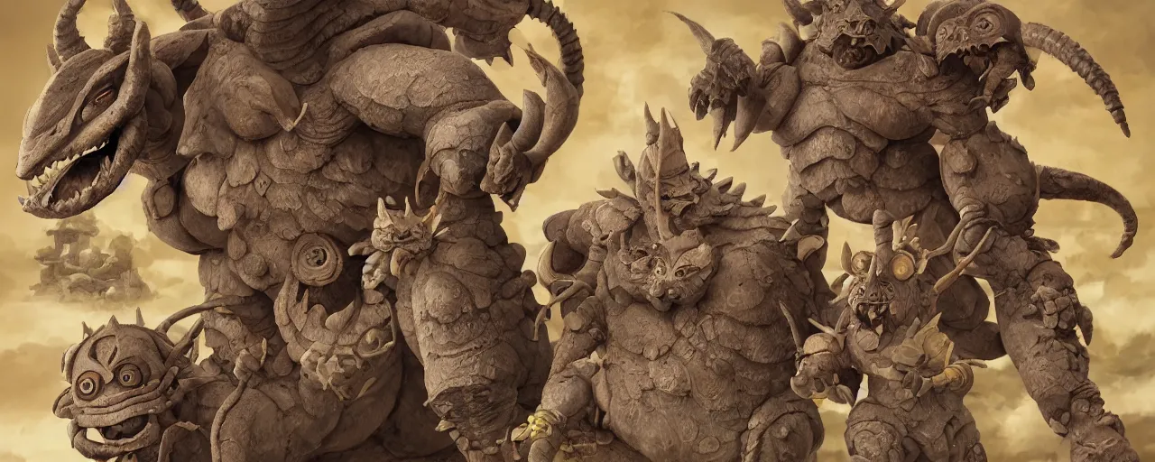 Prompt: ancient javanese cyborg Nidoking (Pokémon) family portrait,Hayao Miyazaki\'s movies,Studio Ghibli\'s mastery of color grading and detail,insanely detailed and intricate,realistic octane 3D,hyper realistic,complex scene,golden Ratio,ArtStation,UHQ,hires textures,detailed real expression on every face,dnd art,mtg art,dramatic,breathtaking maximalist painting by Bouguereau and Gurney