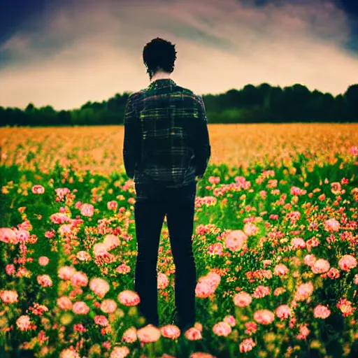 Image similar to revolog volvox photograph of a skinny blonde guy standing in a field of flowers, flower crown, back view, grain, moody lighting, telephoto, 9 0 s vibe, blurry background, vaporwave colors!, faded!,