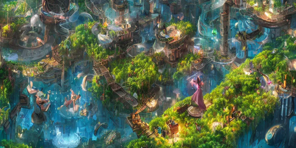 Image similar to a utopian city, filled with fauna, with bubbles floating around everywhere, building cover with plant, dynamic lighting, fantasy concept art, trending on art station, stunning visuals, creative, cinematic, ultra detailed