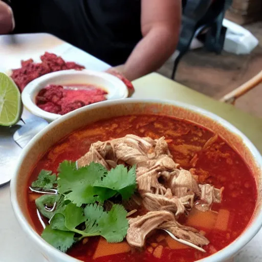 Prompt: a red goat eating pozole