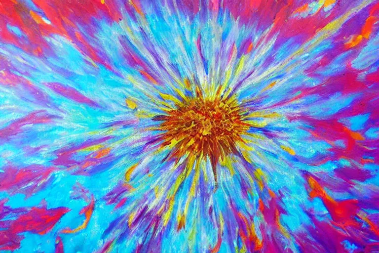 Image similar to oil painting, close-up of giant flower explosion, clean blue sky, in style of 80s sci-fi book art