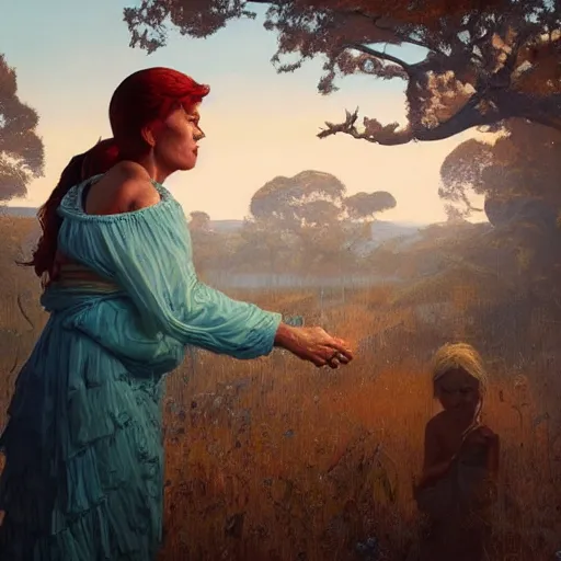 Prompt: pauline hanson disrespecting ancient laboriginal land, highly detailed painting extremely beautiful and aesthetic and detailed, with familiar sprites, chiaroscuro, intricate, masterpiece, fantasy illustrations by ilya kuvshinov and jeremy lipking and quentin mabille