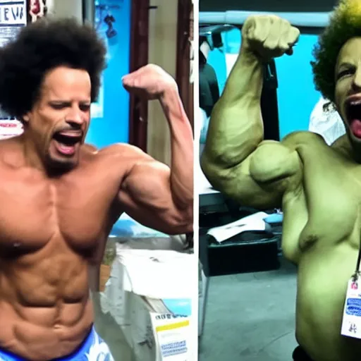 Prompt: BodyBuilder with EricAndre!! in his stomach, Screaming into Air, 4K