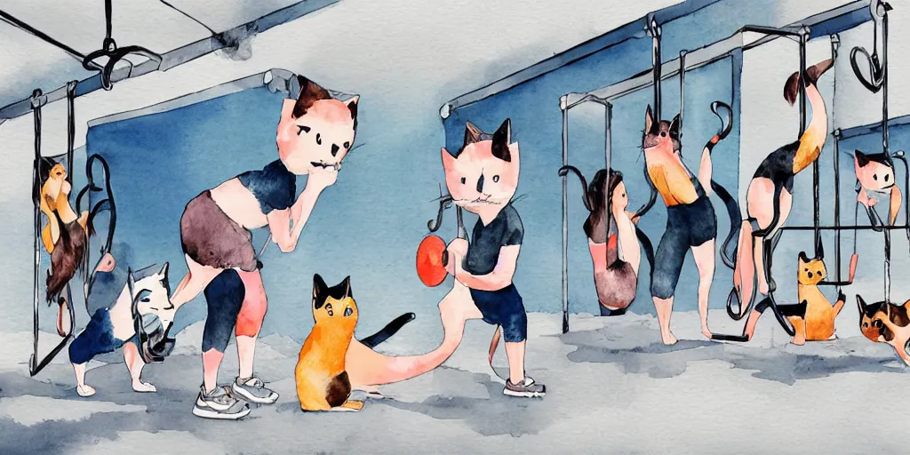 Image similar to watercolor illustration style, cute cats training in the fitness studio environment