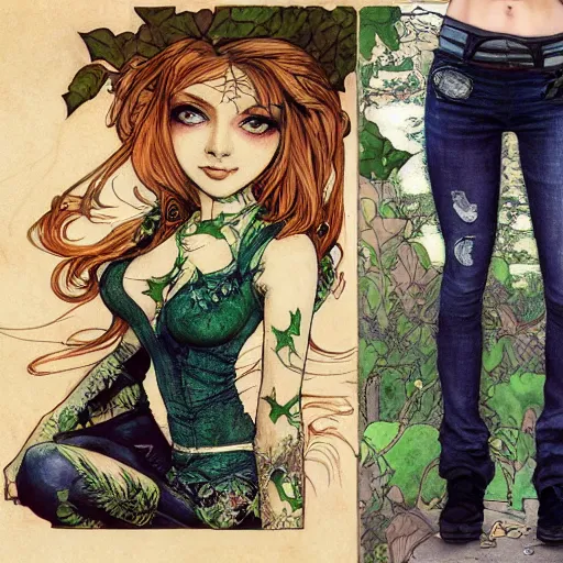 Prompt: a beautiful and detailed matte painting of a poison ivy dressed casually in jeans and a nirvana t - shirt from hot topic, food court in a mall, dark eyeliner, intricate, elegant, highly detailed, digital painting, artstation, concept art, matte, sharp focus, illustration, art by rebecca guay and by arthur rackham and by alphonse mucha and by john william waterhouse